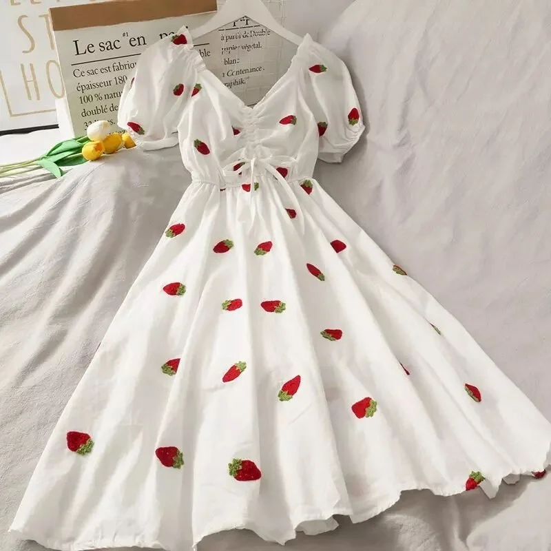 Jangj Korean Strawberry Dress Kawaii Embroidery Puff Sleeve Party Sundress Women Vintage A-line White Square Neck Boho Beach Dresses