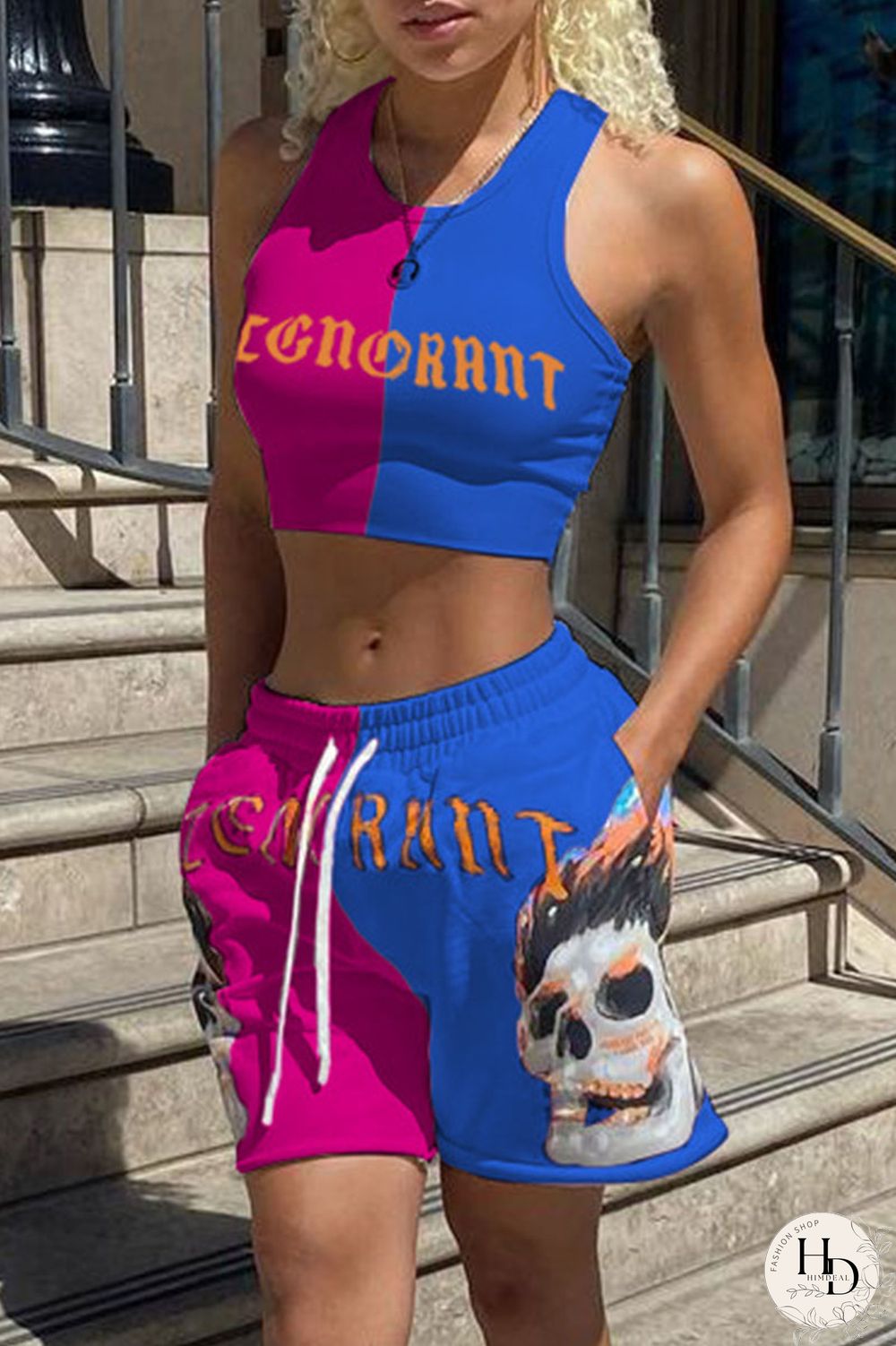 Rose Red Blue Sexy Casual Letter Print Contrast O Neck Sleeveless Two Pieces