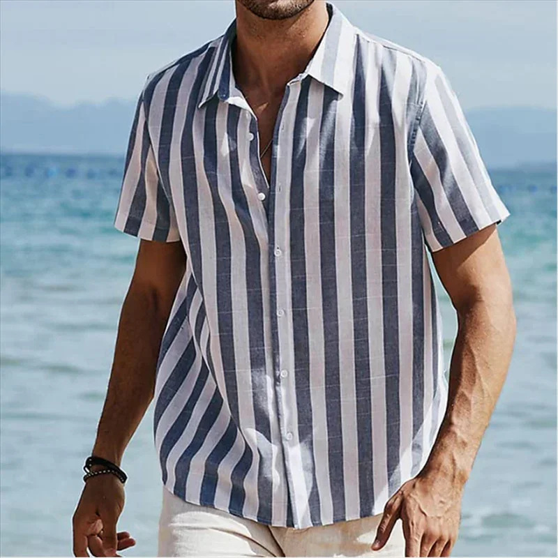  Striped Short-Sleeve Button-Up Shirt for Men - Perfect for Summer Beach Outings