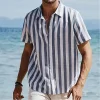  Striped Short-Sleeve Button-Up Shirt for Men - Perfect for Summer Beach Outings by Inlyline