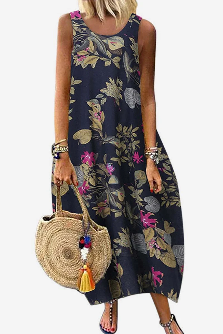 Linen Floral Print Round Neck Sleeveless Lantern Hem Casual Maxi Dress