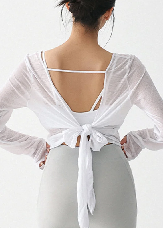 Beautiful White O-Neck Backless Tie Waist Thin Yoga Top