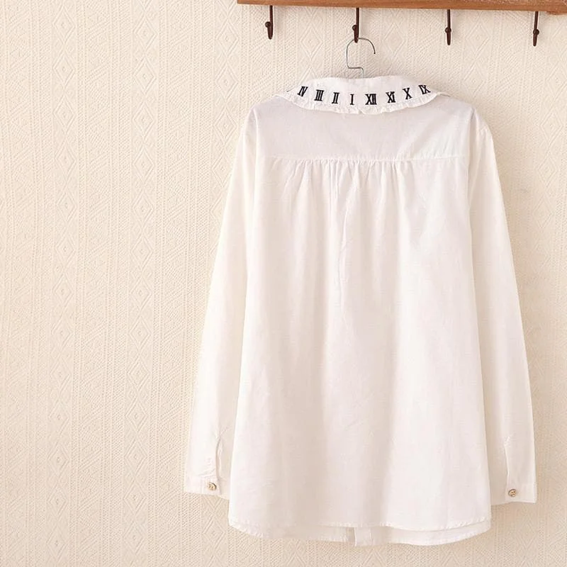 White Mori Girl Shirt With Clock Embroidery SP165108