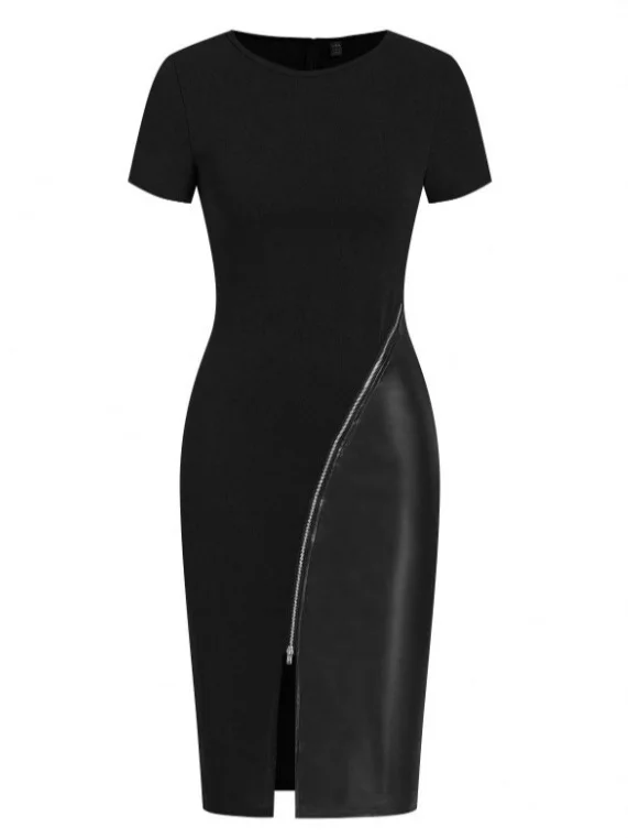 Nigikala Nigikala Zippered Short Sleeve Black PU Thighs Open Tight Dress