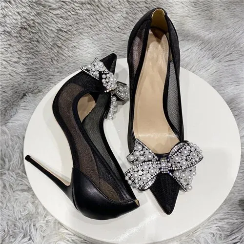 VCshoes Buckle Straps Pointed Toe Shoe 8cm 10cm 12cm High Heels Party Dating Wedding Gorgeous Bling Bow Women Pump SJ021