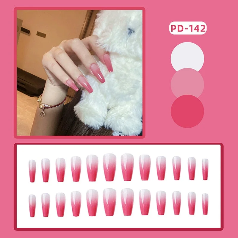 24PCS Shiny Crystals Nail Patch Sweet Style Glue Type Removable Long Paragraph Manicure Save Time False Nail Patch SANA889-Nail Inspo
