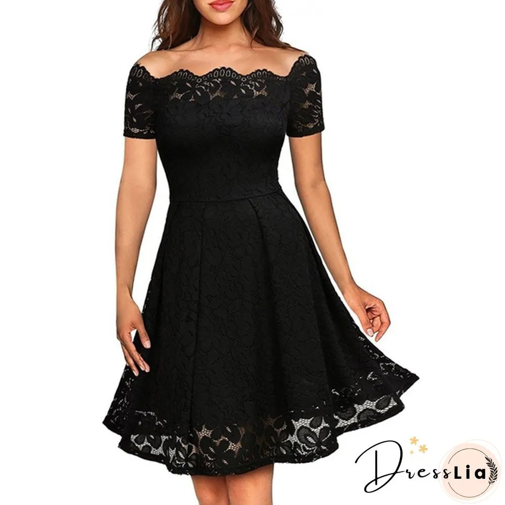 New Fashion Women Off Shoulder Slim Fit Lace Dress Elegant Strapless Short Sleeve Cutout