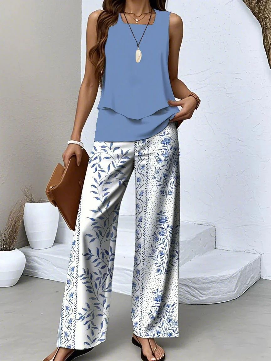 Women's Sleeveless Square Collar Floral Printed Casual Set