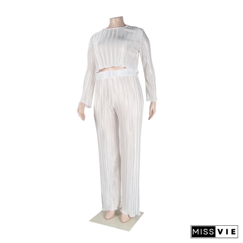 Pleated Loose Blouse Crop Top Wide Leg Pants Outfits