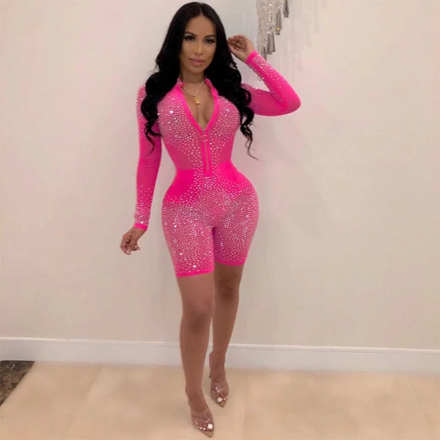 Long Sleeve Sequined Mesh See Through Bodysuit Jumpsuit