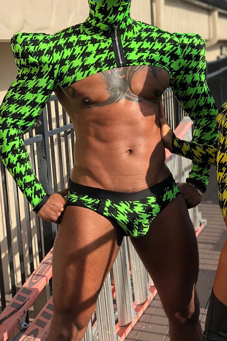 Ciciful Houndstooth Fluorescent Festival Green Padded Shoulders Shrug Top Jockstrap Briefs Two Piece Set