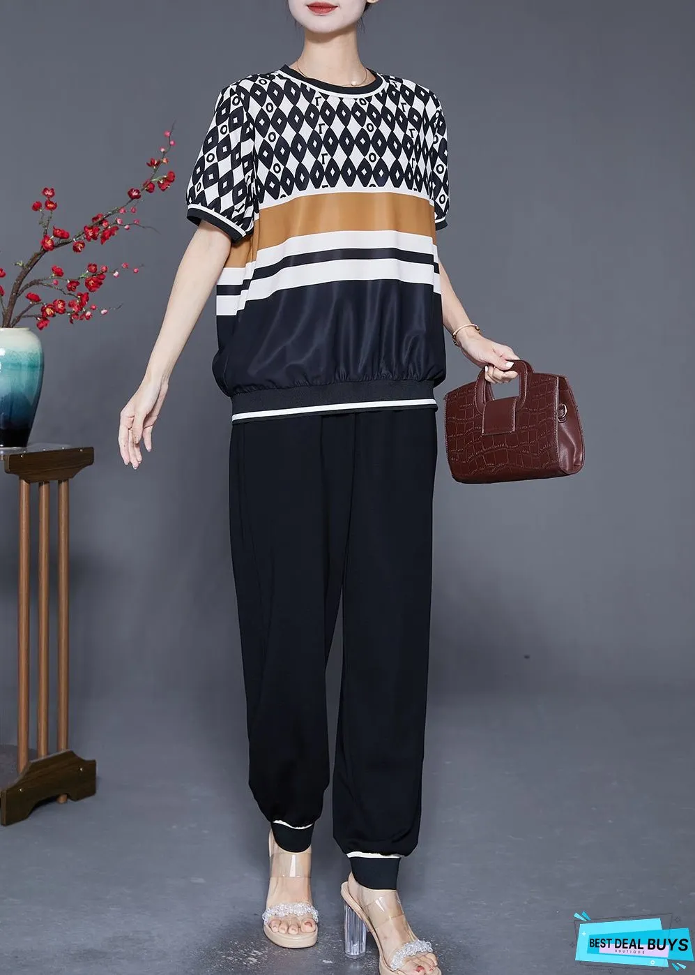 Stylish Black Oversized Print Chiffon Two Pieces Set Summer