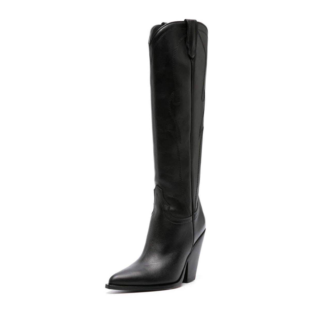 Black Pointed Toe Chunky Heel Knee High Cowboy Boots for Women Nicepairs