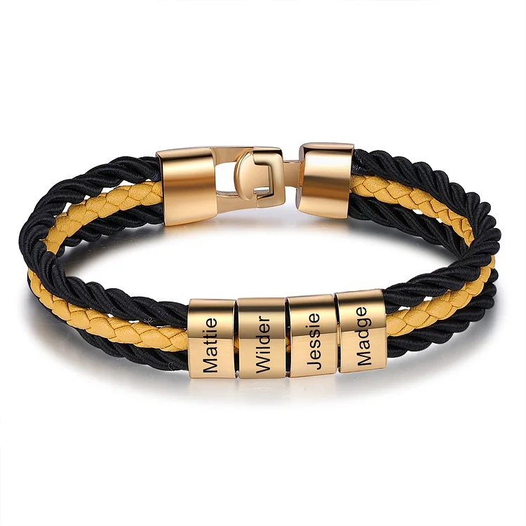 Mens Leather Bracelet Braided Layered Leather with 4 Beads Silver and Gold
