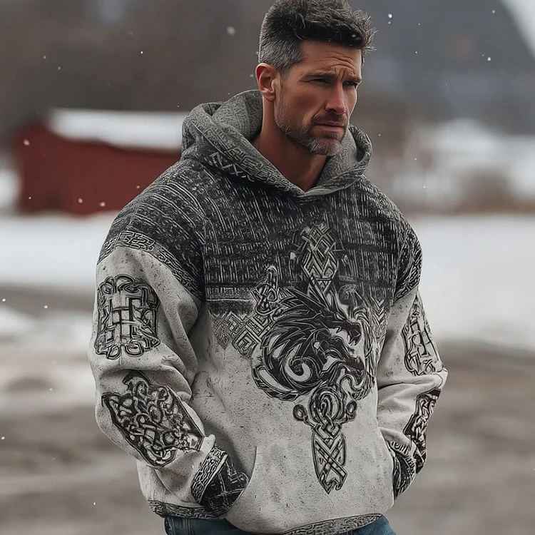 Men's Retro Viking Celtic Style Dragon Pattern Comfortable Hooded Sweatshirt