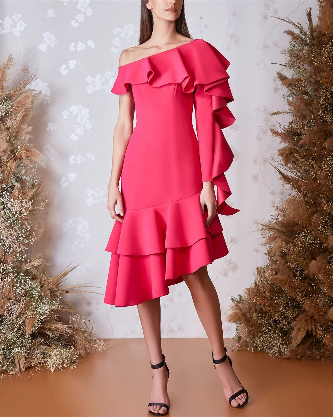 Women's Pink One Shoulder Sleeve Ruffle Dress