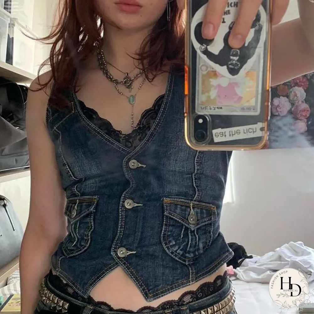 Y2K Pockets Jeans Corset Top Button V Neck Cargo Retro Sweats Tank Tops Women Streetwear Aesthetic Vest Summer 90S Tee