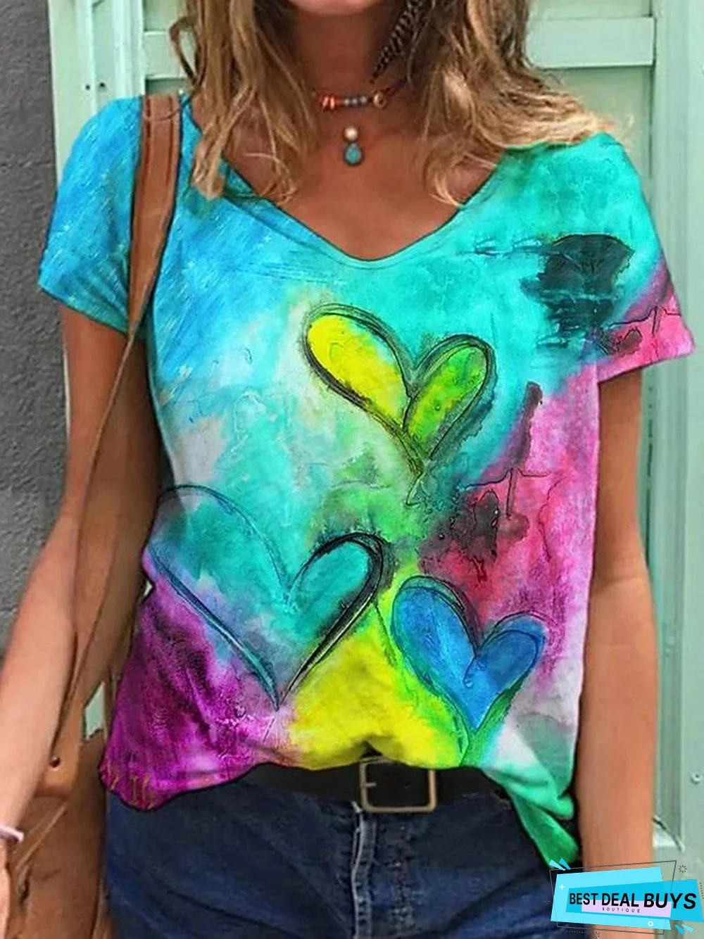 Women's Heart T-Shirt Heart Tie Dye V Neck Tops Basic Top Rainbow