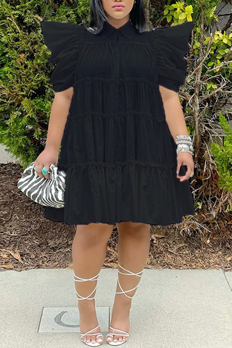 Uveng Dress High Waist Retro Pleated Puff Sleeve Loose Women's Shirt