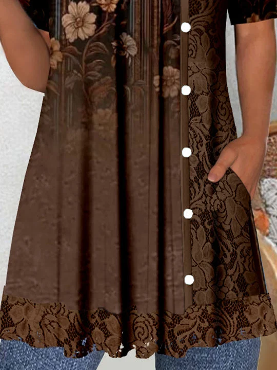 Women's Short Sleeve Scoop Neck Graphic Lace Tops