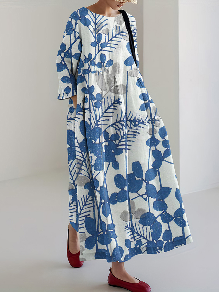 Comstylish Vintage Floral Print Round Neck Loose Midi Dress