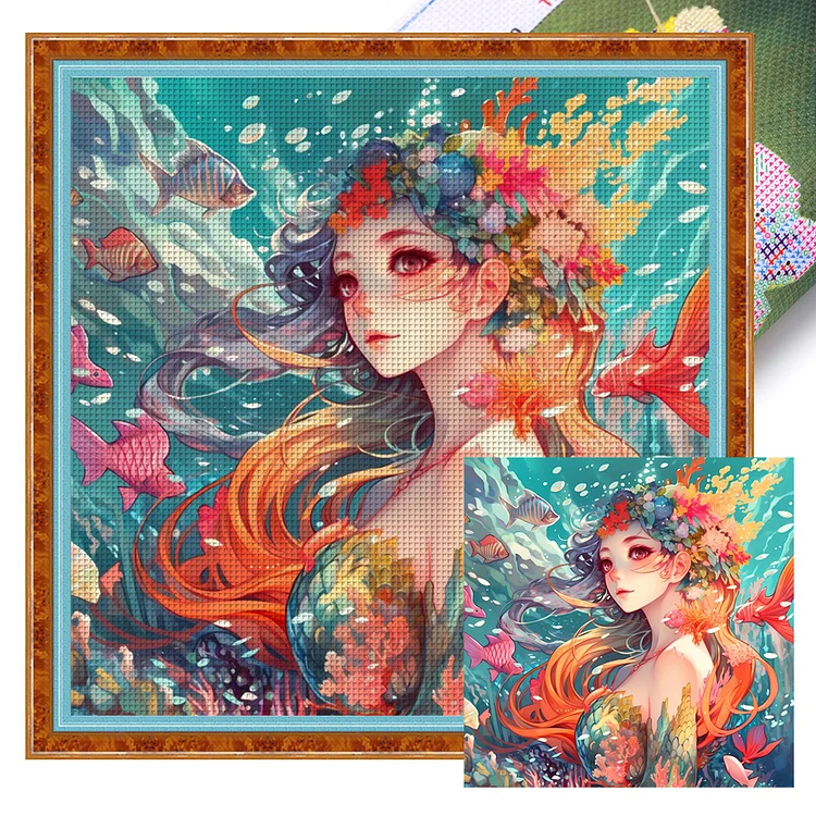【Huacan Brand】Fish Girl 14CT Stamped Cross Stitch 50*50CM