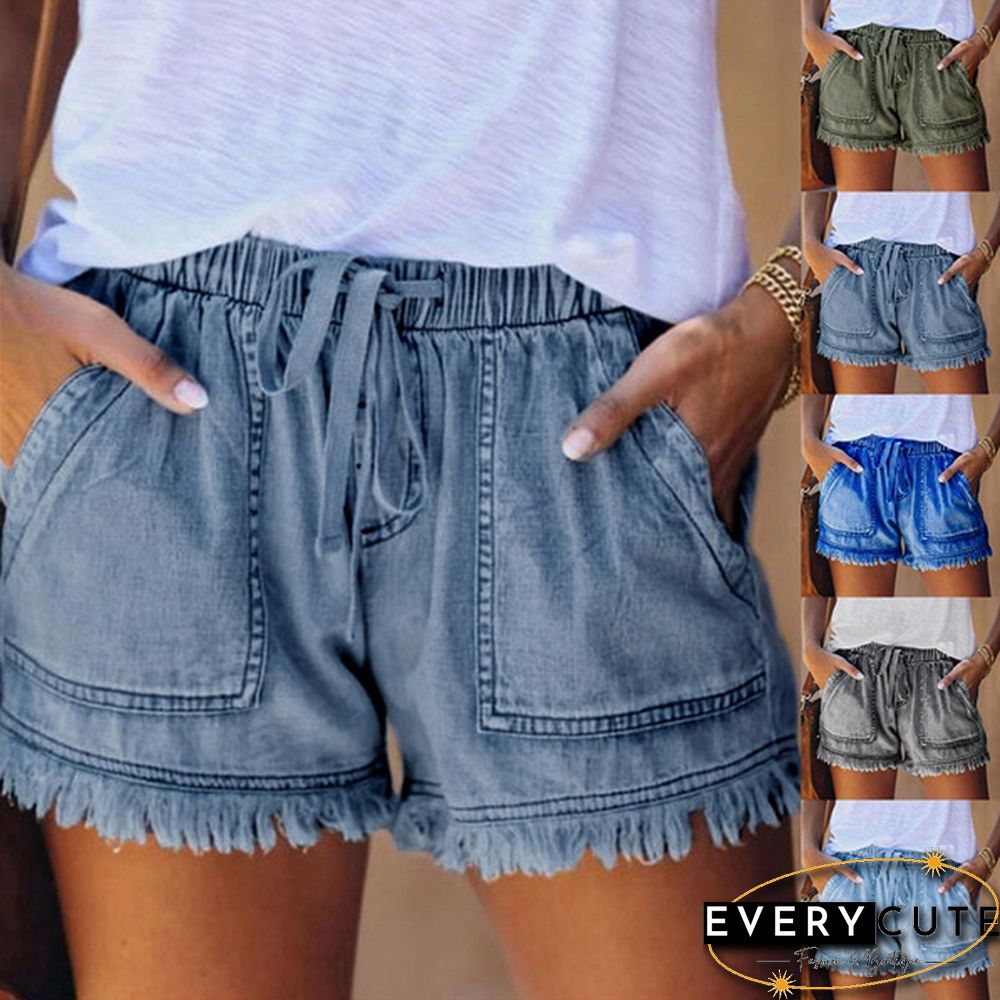Ladies Elastic Waist Casual High Waist Slim Thin Denim Shorts Hot Pants