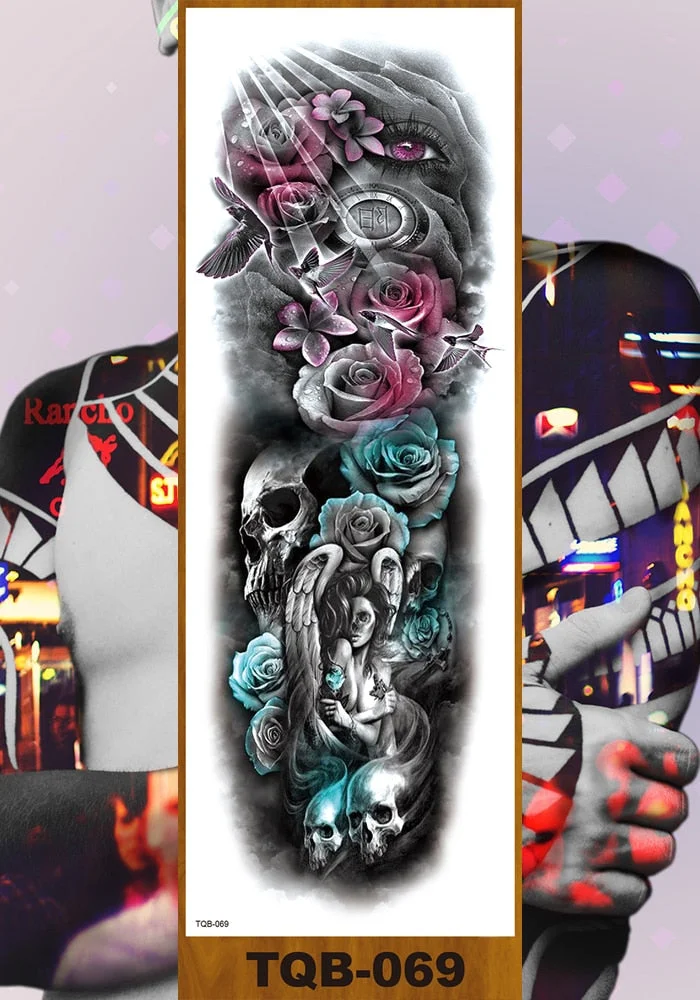 Full Flower Arm Temporary Tattoo Sticker Man Woman Body Leg Fake Tatoo Skull Night Demon Grim Reaper Good and Evil Waterproof