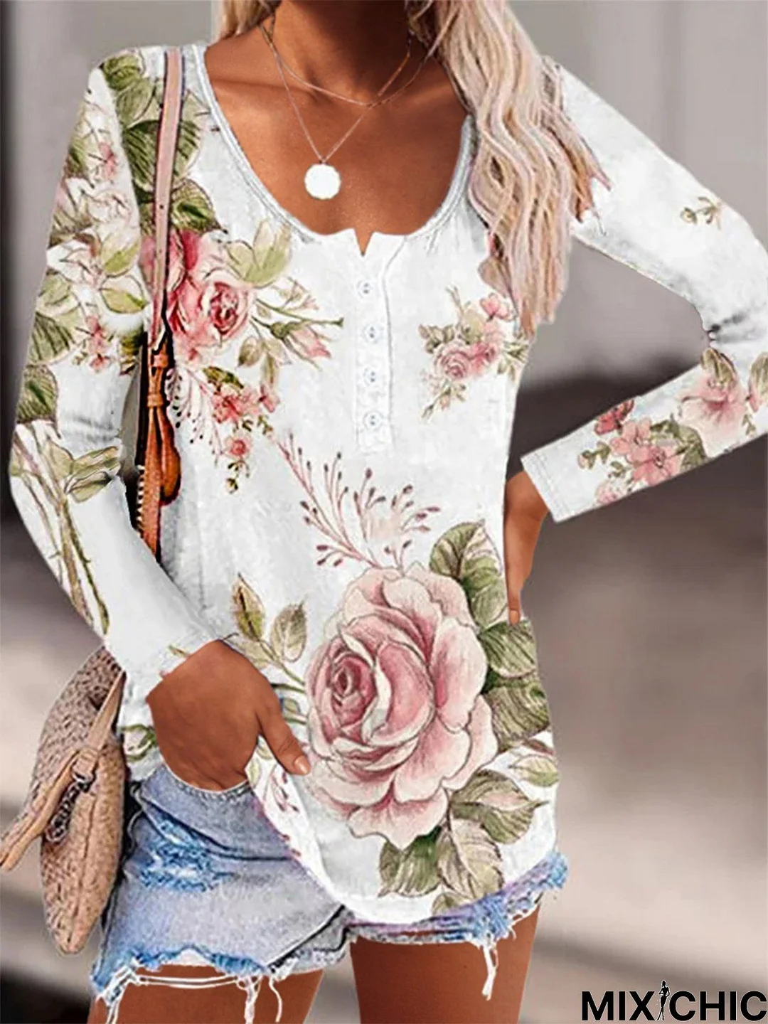 Floral Long Sleeve Notched Buttoned Casual Tunic Top