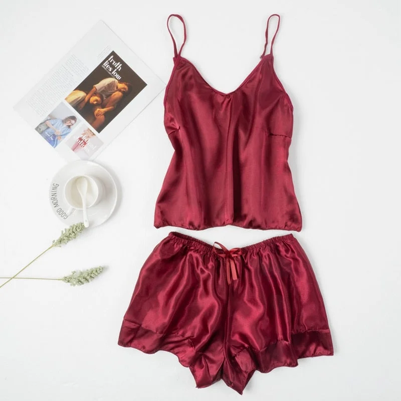 Women's Sleepwear Sexy Satin Pajama Set V-Neck Pyjamas Sleeveless Cami Top and Lotus Leaf Edge Comfortable Shorts Two Piece Sets