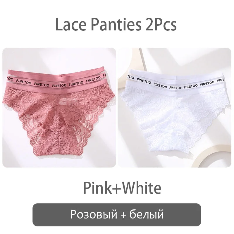 FINETOO 2Pcs Lace Panties Women Sexy Transparent Briefs Low Waist Floral Underwear Fashion Ladies Underpants L-2XL Girl Lingerie