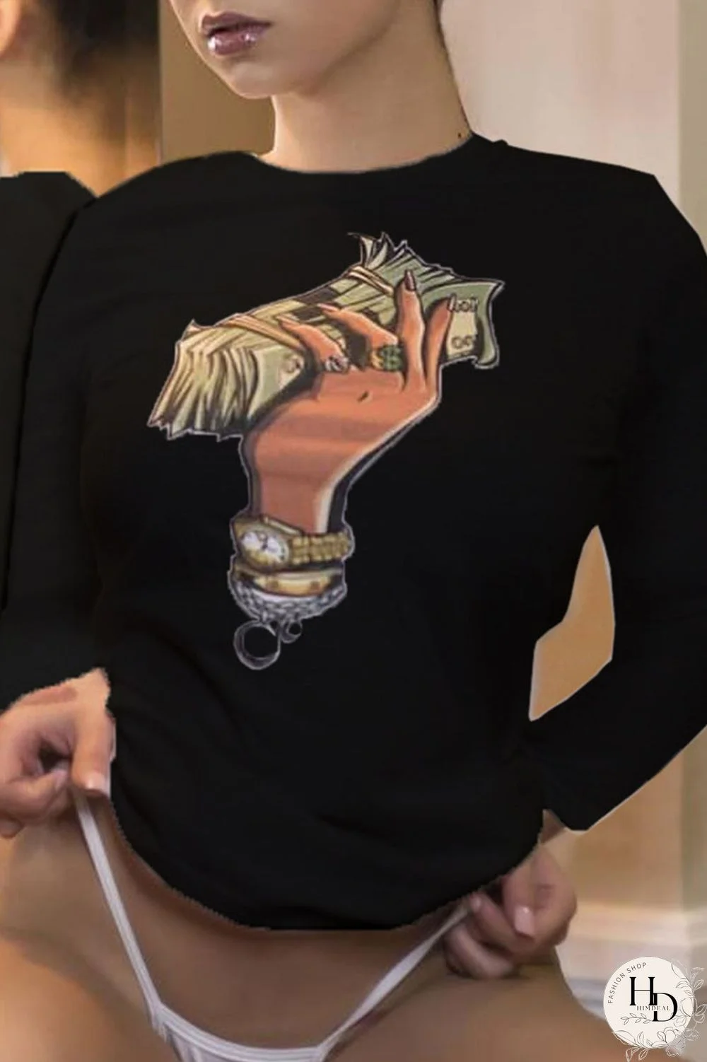 Black O Neck Long Sleeve Slim fit Print Tees & T-shirts
