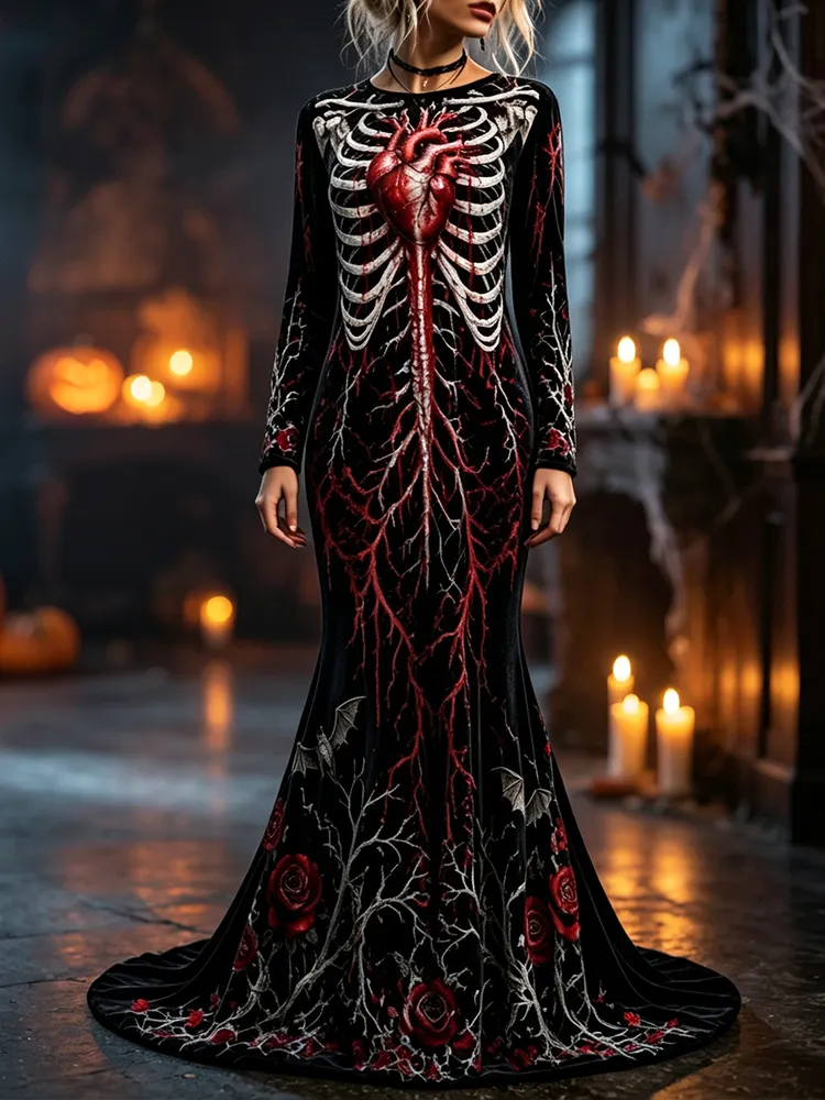 Women's Gothic Long Sleeve Maxi Dress - Anatomical Red Heart, Ribcage Skeleton And Dark Red Rose Print Party Gown
