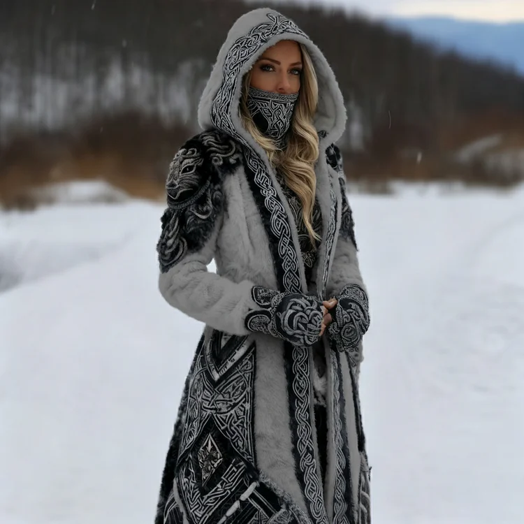 Women's Viking Celtic Knot Inspired Art Plush Warm Hooded Jacket