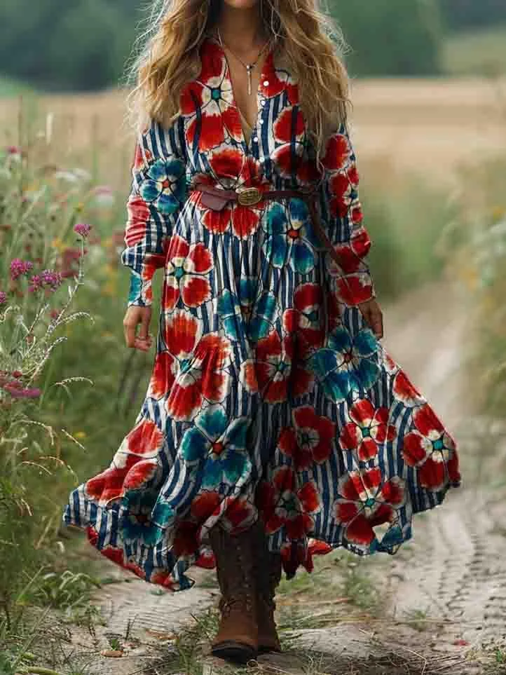 Women's Striped Floral Art Pattern Print Pocket Cotton Dress