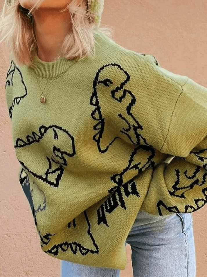 Brownm Dinosaur Crew Knit Sweater
