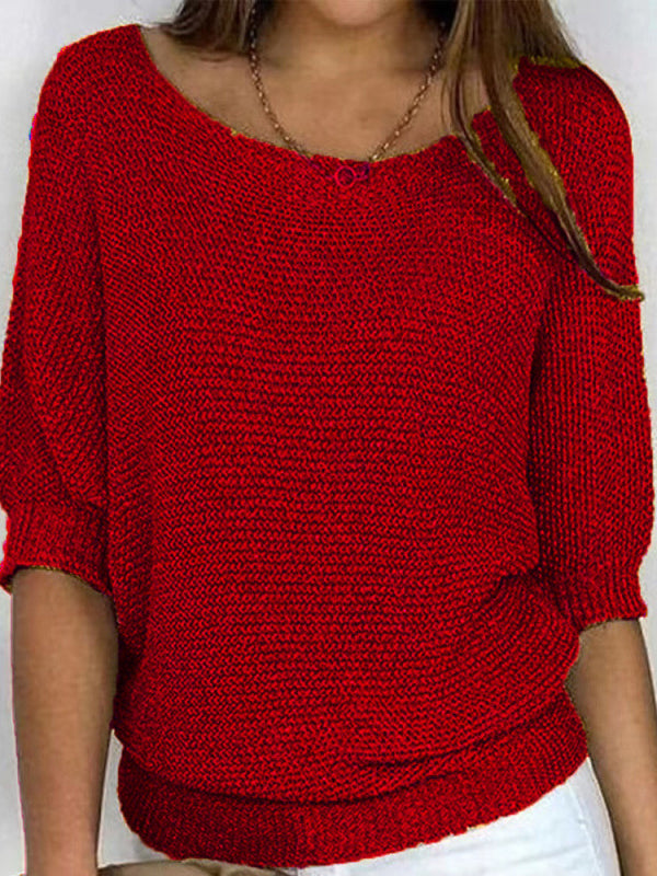 Solid Color Crew Neck Sweater For Women Elegant 3/4 Bat Sleeve Top