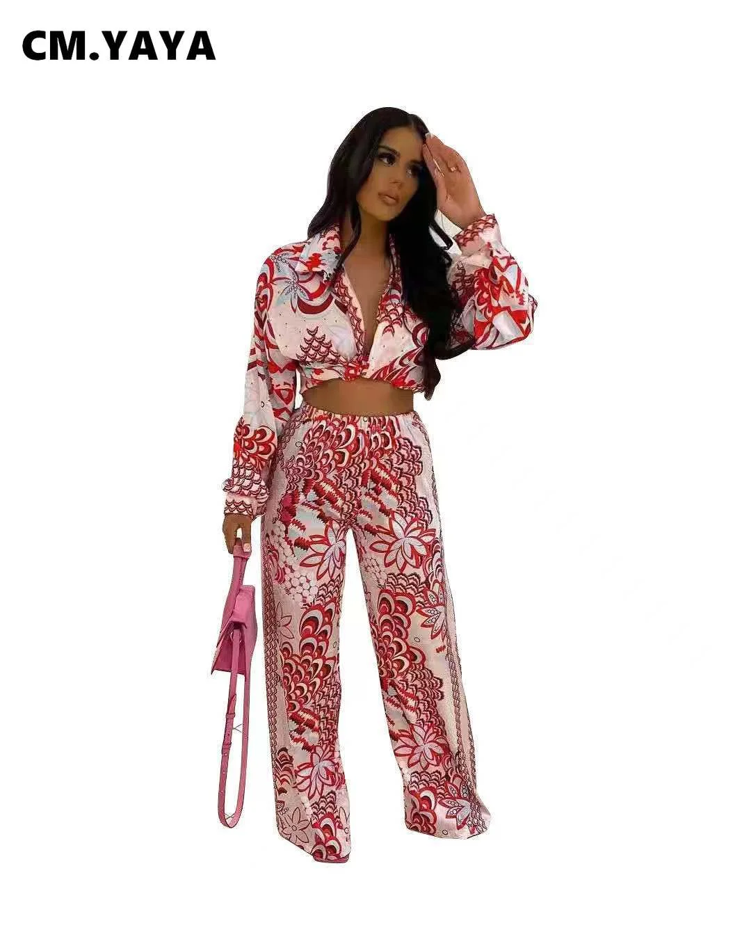 CM.YAYA Women Set Print Full Sleeve Turn-down Collar Bandage Crop Tops Wide Leg Pants Two 2 Piece Sets Fashion Outfit Autumn