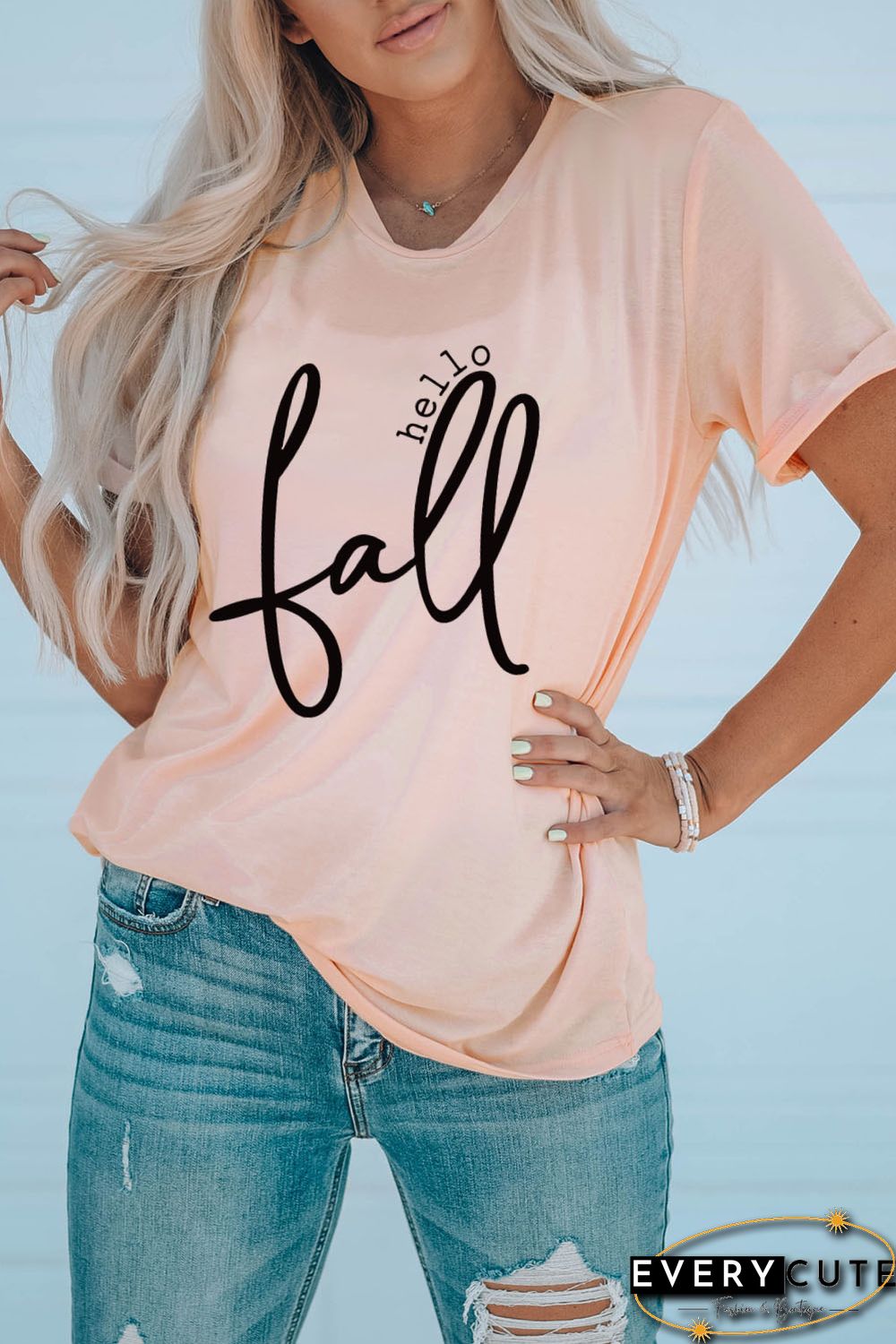Pink Hello Fall Slogan Pattern Print Crew Neck T Shirt