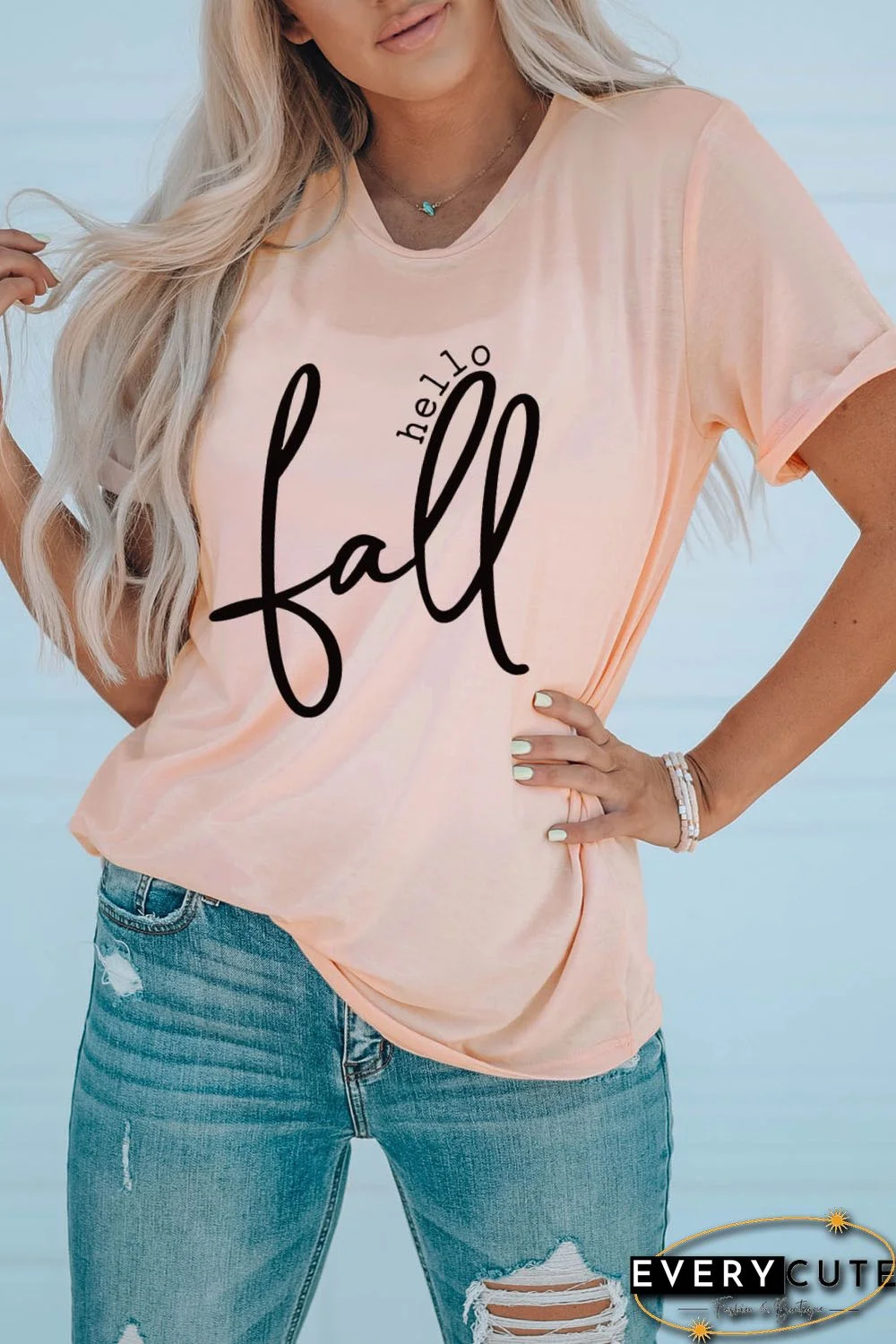 Pink Hello Fall Slogan Pattern Print Crew Neck T Shirt