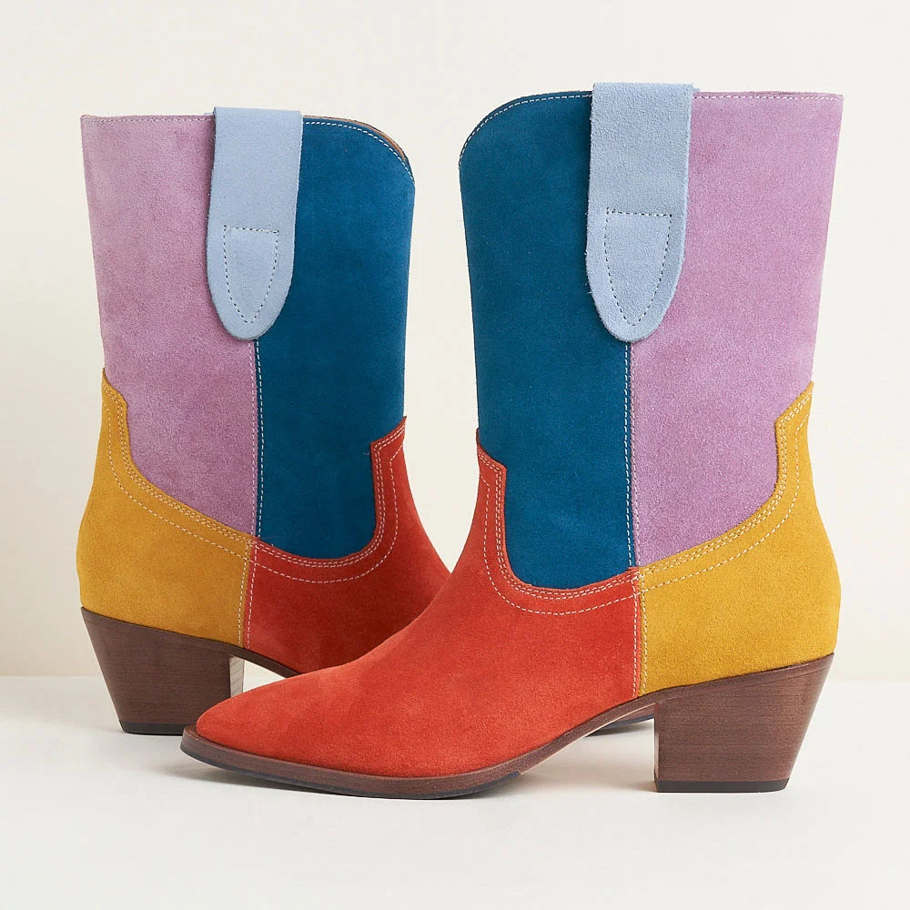 Stylish Color Block Round Toe Chunky Heel Short Cowgirl Boots