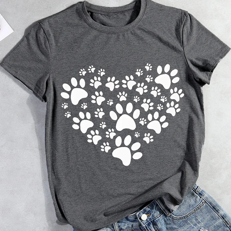  Dog Paws Print Love Heart Round Neck T-shirt Tee