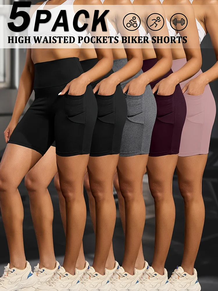 5pcs High Waisted Biker Shorts For Women With Pockets - Super Soft, Tummy Control, No See-Through Fabric, Ideal For Running & Yoga, 6" Inseam, High-Elasticity Polyester/Spandex Blend, Running Apparel | Sleek Design | High Elasticity Fabric