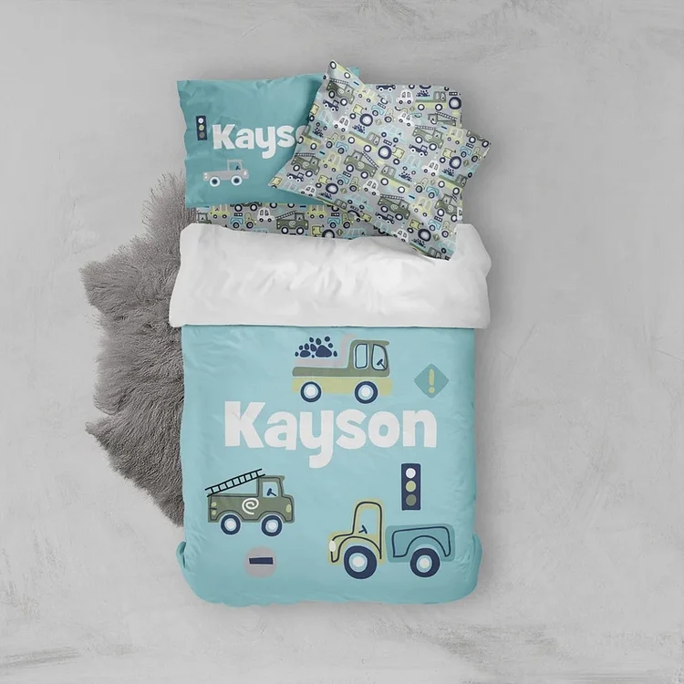 BlanketCute-Personalized Lovely Bedroom Truck Bedding Set with Your Kid's Name | 02