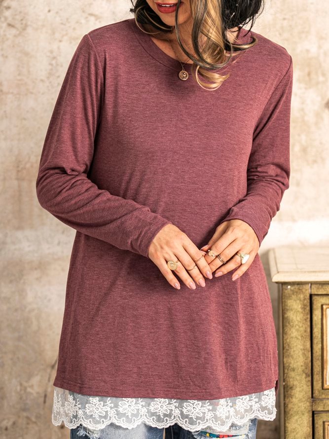 Casual Crew Neck Lace Paneled Cotton-Blend Shirts & Tops Tunics