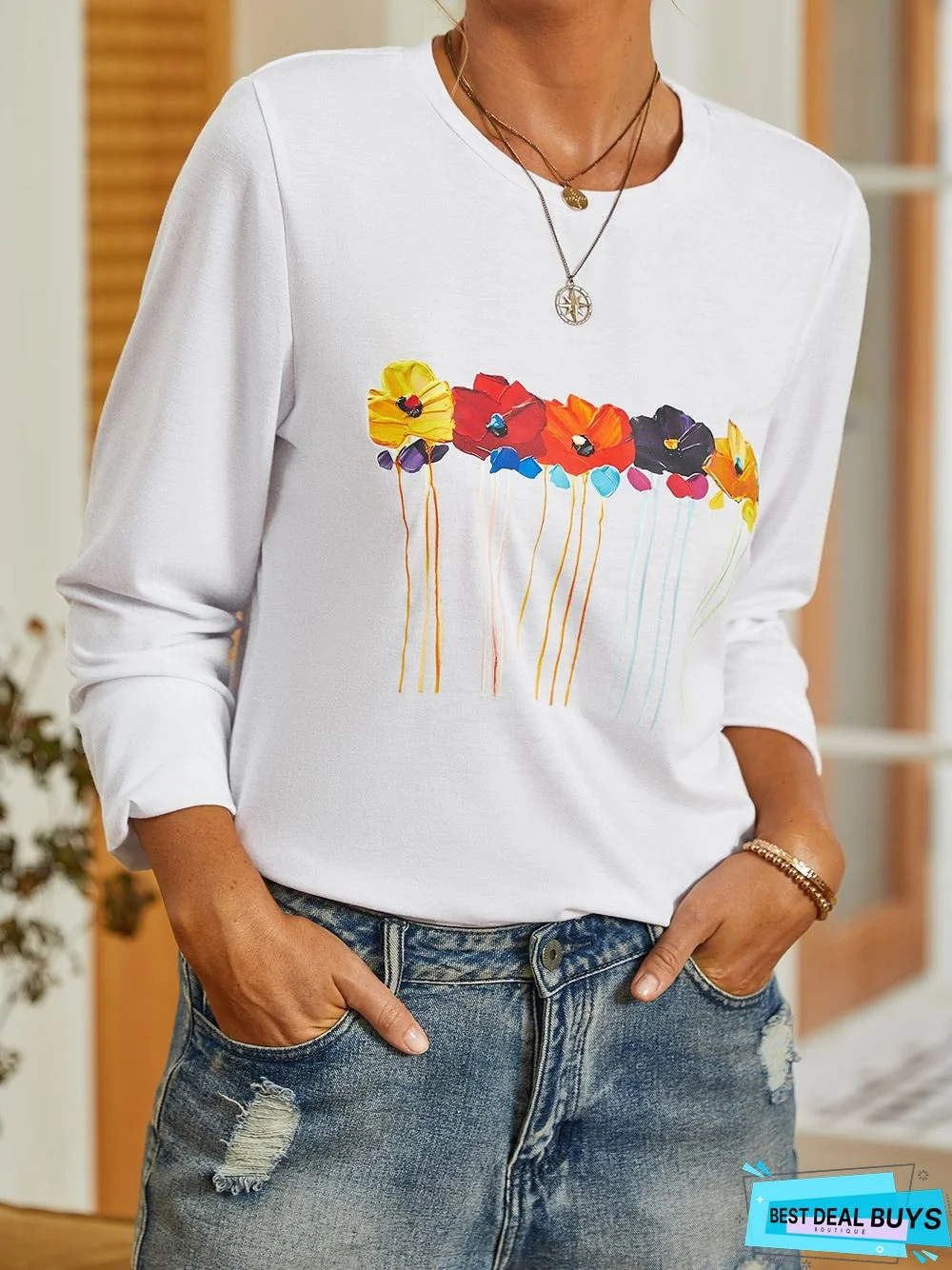 Crew Neck Floral Casual T-Shirt