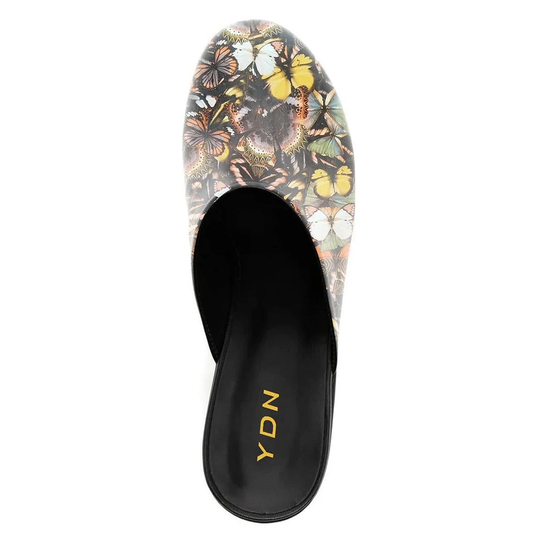 Multicolor Butterfly Print Round-Toe Platform Mules with Block Heel