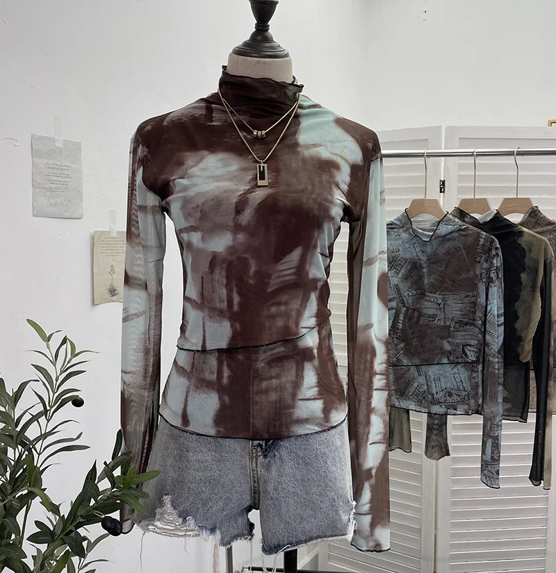 Nigikala Nigikala Shooting Denim Pattern Dye Printing Retro Babes Thin Mesh T-Shirt High-Necked Long Sleeve Bottom Shirt Top 9950