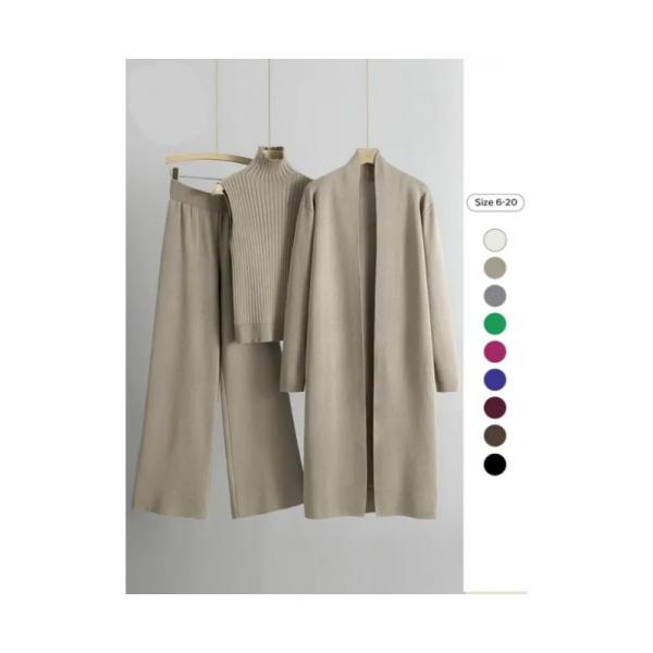 Trendy Knit Turtle Neck Tank & Wide Leg Trousers with Open-front Long Cardigan Three-piece Clothes Sets, Casual Womenswear