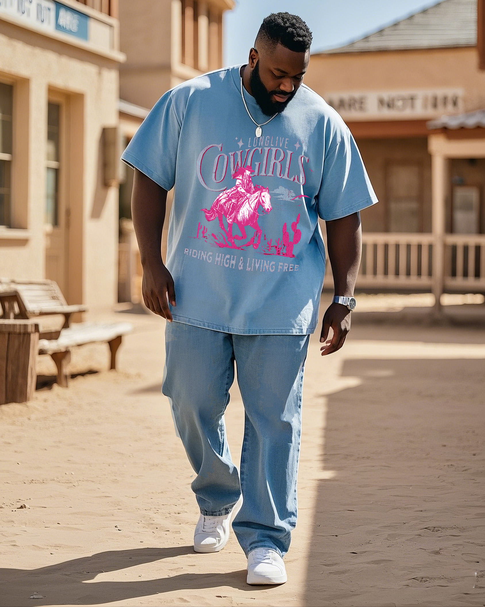 Plus Size Men's Daily Casual Western Style Horse Riding Printed T-Shirt Solid Color Pants Denim Suit